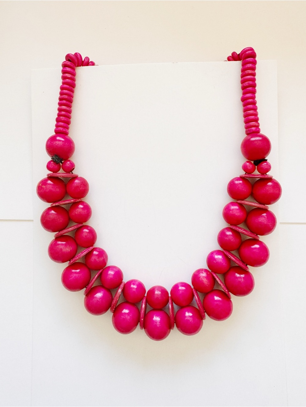 Chunky Pink Beaded Statement Necklace Bold Boho Wood Beads Bib Style